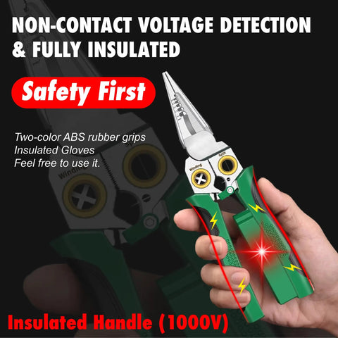 Hand holding Eight In One Wire Stripper Tool With Non Contact Voltage Detector And Insulated Safety Handles For Electricians And DIYers