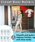 Woman using closet with Eight Piece Closet Sliding Door Hardware Roller Kit With Sixteen Screws for top hung bypass doors.