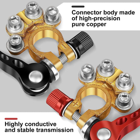 Beefy Pure Copper Battery Terminal Connectors 4 Way Quick Release 1 Pair for SAE JIS A-Pillars with high current conductivity.