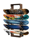 Six Tier Wooden Skateboard Wall Rack Mount 36 Inch Display Stand And Storage Organizer with five colorful skateboards