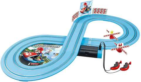 Mario Kart Slot Car Race Track With Spinners Two Cars Included Starring Mario And Peach Battery Powered Beginner Racing Set For Kids Ages Three And Up Realistic Speed Control For Easy Fun Racing blue track with controllers and spinners