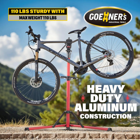 Heavy Duty E Bike Repair Stand With 110 Lb Capacity holding bicycle outdoors, aluminum construction, rust resistant clamps visible.