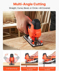 Badass 20V Brushless Cordless Jigsaw shown in action, ideal for multi-angle cutting on wood with 5.12 inch cutting depth.