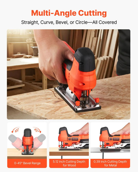 Badass 20V Brushless Cordless Jigsaw shown in action, ideal for multi-angle cutting on wood with 5.12 inch cutting depth.