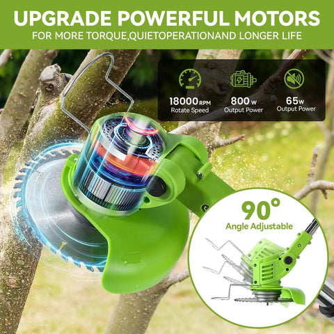 Image of Cordless Weed Wacker With Blade 24V Power 880W Copper Motor cutting tree branches, showcasing its 90° adjustable blade feature.