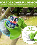 Beast Cordless Weed Wacker With Wheels 24V Battery Powered Weed Eater showing 90° adjustable blade cutting branches