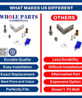 Comparison chart showing Whole Parts Top Door Hinge Assembly Kit 870865 Replacement For Commercial Refrigerator and Freezer and other brands.