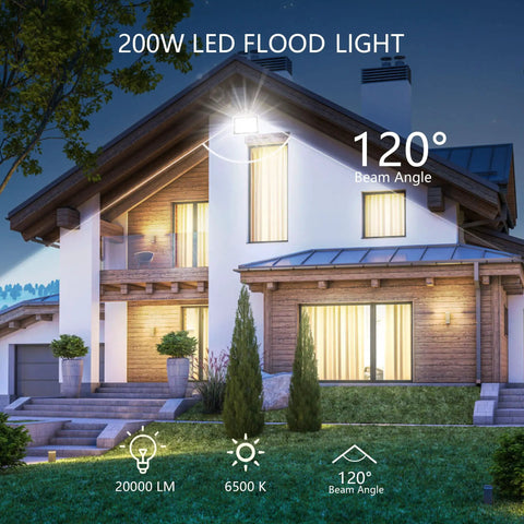 Outdoor LED Flood Lights 200W 2 Pack IP66 Waterproof Bowfishing Lights With Cable Glands 6500K Daylight illuminating house exterior