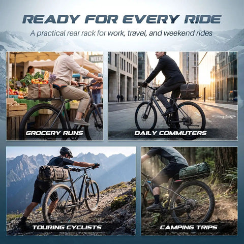 Adjustable Rear Bike Carrier Rack With 20Lb Capacity Universal Extendable Aluminum Cargo Rack in use for various cycling activities