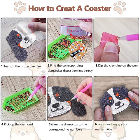 Step-by-step instructions for Dog Shaped Diamond Painting Coasters Kit With Holder For Drinks 8 Pieces DIY Diamond Art Coasters For Beginners And Adults Includes Diamonds Glue Pens Trays And Holder A Fun Craft Gift For Craft Lovers.