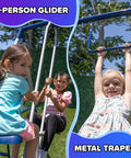 Arcadia Metal Swing Set For Kids With Trapeze And Two Person Glider, featuring children on a durable steel frame in a backyard.