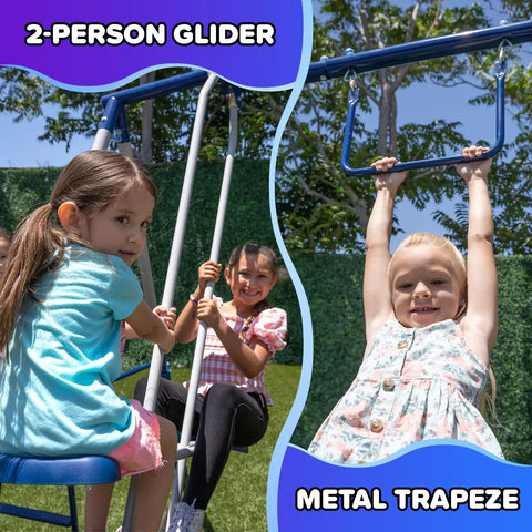 Arcadia Metal Swing Set For Kids With Trapeze And Two Person Glider, featuring children on a durable steel frame in a backyard.