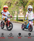 Kids Electric Bike For Ages Four To Eight With 12 Inch Lightweight Frame Dual Speed Up To 10 MPH And 10 Mile Range Powered By A 24V 170W Motor With 12x2.4 Inch Tires A Perfect Birthday Gift For Little Riders. Two kids riding kids electric bikes with helmets on a paved road.