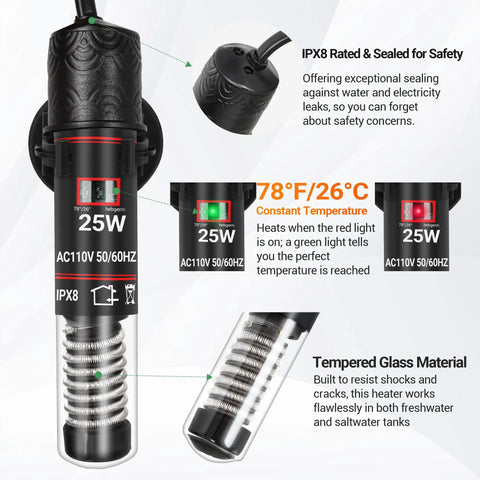 25W heater for All In One 3.5 Gallon Betta Tank Starter Kit With Back Filter, Adjustable Pump, Thermometer Strip shown in detail