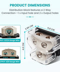 Two Way Power And Ground Distribution Block For Car Audio Zine Alloy In 0/2/4 Gauge And Out 4/8 Gauge Two Channel Amplifier Splitter Heavy Duty Grounding And Power Hub For Easy Install 1 Piece, 1 input 2 outputs