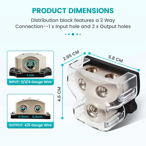 Two Way Power And Ground Distribution Block For Car Audio Zine Alloy In 0/2/4 Gauge And Out 4/8 Gauge Two Channel Amplifier Splitter Heavy Duty Grounding And Power Hub For Easy Install 1 Piece, 1 input 2 outputs