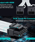 PCIe 5.0 16Pin GPU Power Extension Cable For RTX 4070Ti, 12VHPWR 16Pin to Dual 8Pin, white sleeved cable