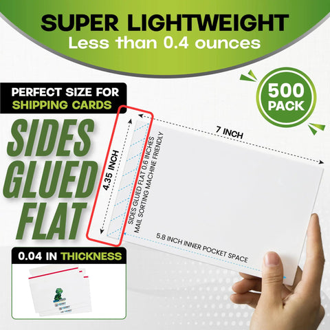 500 Pack Shell Mailer Trading Card Envelopes 7 by 4.35 Inch lightweight design showing dimensions and thickness.