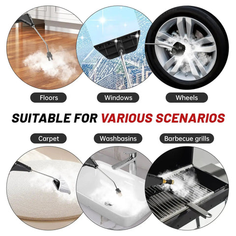 Heavy Duty Handheld Steam Cleaner Straight Up Game Changer For House And Garage With Six Adjustable Speeds used on various surfaces including floors and windows.