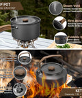 18-Piece Camping Cookware Set With Utensils Camp Mess Kit Dope Hard Anodized Aluminum pot and kettle over campfire.