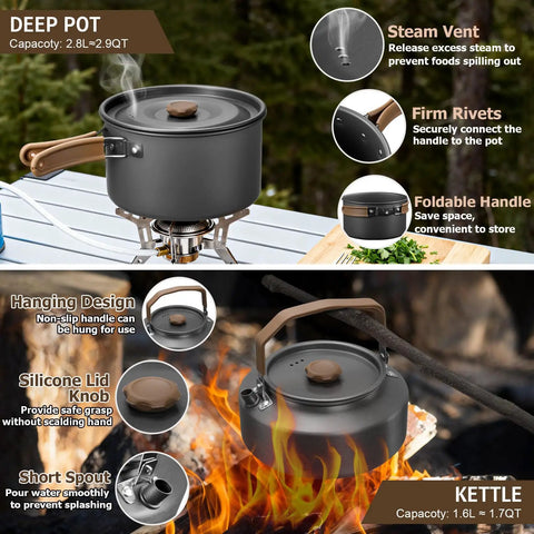 18-Piece Camping Cookware Set With Utensils Camp Mess Kit Dope Hard Anodized Aluminum pot and kettle over campfire.