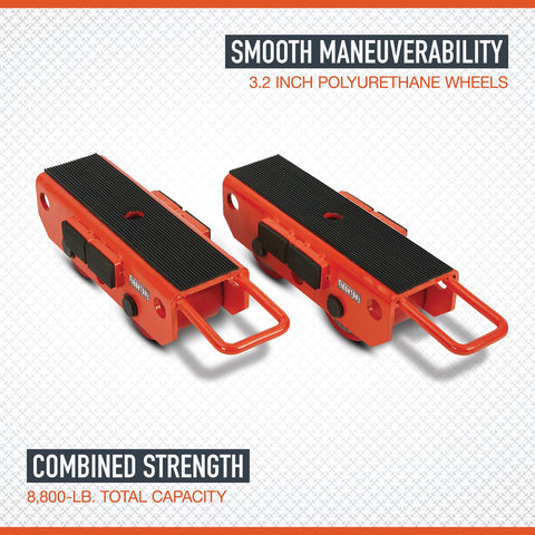 Two Piece Machinery Movers Set With Non Skid Rubber Surface And Polyurethane Rollers For Smooth Glide Of Heavy Equipment, 8800 Lb Total Capacity