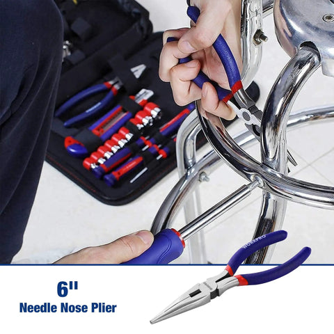 Person using pliers from DIY Ready Home Tool Kit with 100 Piece Hand Tool Set for Kitchen Drawers and Household Tasks on metal chair.