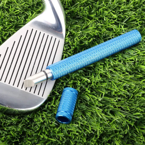 Groove Sharpener For Golf Clubs Re Grooving Tool in Blue Next to Wedge Iron on Grass Restores Performance for U and V Grooves