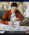 Man assembling Dope 3D Puzzle Marble Run Kit For Adults Electric Spaceport LGC01 With 472 Wooden Pieces on a desk.