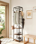 Freestanding Coat Rack With 3 Storage Shelves And 12 Hooks, Industrial Hall Tree Organizer, rustic brown finish in an entryway