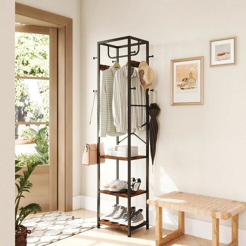 Freestanding Coat Rack With 3 Storage Shelves And 12 Hooks, Industrial Hall Tree Organizer, rustic brown finish in an entryway