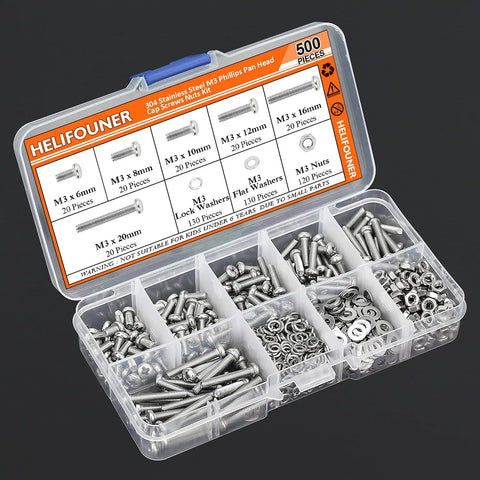 M3 Metric Phillips Pan Head Machine Screws Kit In Six Sizes 6mm 8mm 10mm 12mm 16mm 20mm With Hex Nuts Lock Washers Flat Washers 304 Stainless Steel For DIY Projects Built Tough displayed in a storage box.