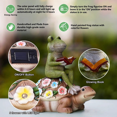 Solar Frog Riding Turtle Garden Statue with LED flowers, glowing book, and embellishments for outdoor patio yard balcony decor.