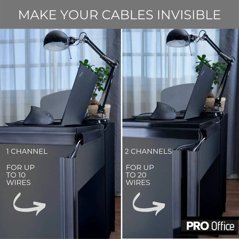 Comparison of desk with J Channel Cable Raceways for under desk wire management, showing single and dual channels with cables hidden.
