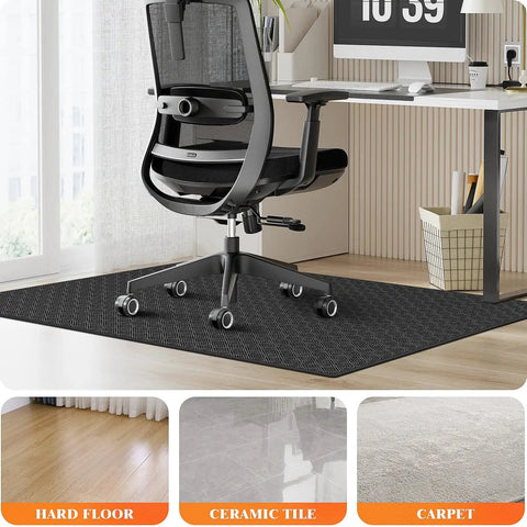 Heavy Duty Office Chair Mat For Hardwood And Tile Floors, Non Slip Rolling Chair Floor Protector, 36 By 48 Inch Computer Desk Mat For Work, Study, And Home Office, Waterproof And Oil Resistant, Black shown under office chair at desk.
