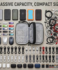 Open Waterproof Travel Cable Organizer Pouch With Double Layer Storage displaying cords, chargers, and devices