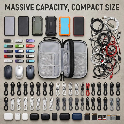Open Waterproof Travel Cable Organizer Pouch With Double Layer Storage displaying cords, chargers, and devices