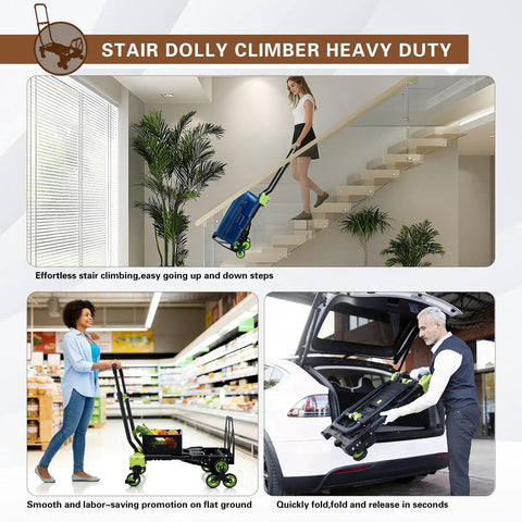 Two-In-One Portable Stair Climbing Dolly With Retractable Handle, 330 Lb Dolly Cart on stairs, supermarket, and car trunk scenes
