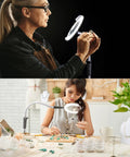 Top: Woman using All-In-One Magnifying Lamp That Slaps With 600 Lumens Daylight LEDs for crafts. Bottom: Woman using lamp for jewelry making.