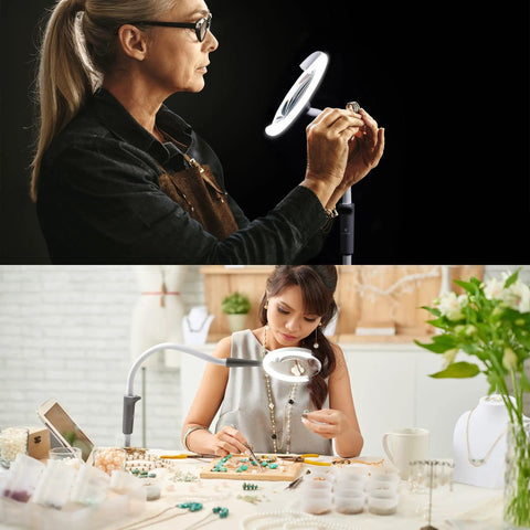 Top: Woman using All-In-One Magnifying Lamp That Slaps With 600 Lumens Daylight LEDs for crafts. Bottom: Woman using lamp for jewelry making.
