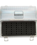Built Rock Solid Clear Abs Router Bit Storage Organizer Box With Custom Foam Insert And Rechargeable Desiccant Bag To Keep Your Half Inch Quarter Inch And Eight Millimeter Bits Dry In The Workshop, with lid open showing black foam insert.