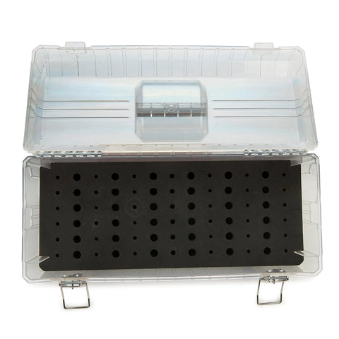 Built Rock Solid Clear Abs Router Bit Storage Organizer Box With Custom Foam Insert And Rechargeable Desiccant Bag To Keep Your Half Inch Quarter Inch And Eight Millimeter Bits Dry In The Workshop, with lid open showing black foam insert.