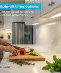 Kitchen counter scene with Ultra Thin 0.6 Inch Under Cabinet Lights 4 Pack With 8.5 Inch Battery Powered LEDs illuminating a cutting board.