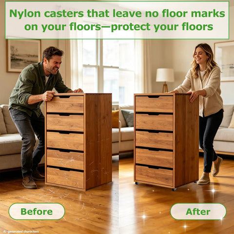 Low Profile Nylon Caster Wheels 1/2 Inch Smooth Rolling Swivel Casters For Light Furniture And Home Appliances shown moving a dresser.