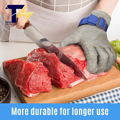 Level 9 ANSI A9 Beefy Cut Resistant Gloves With Stainless Steel Mesh And Metal Wire Construction For Meat Processing And Food Prep, medium size in use cutting meat.