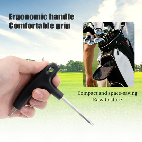 Hand holding Dual Bit Golf Torque Wrench With T20 And T25 Heads, Universal Shaft Adapter, black, near golf bag on course