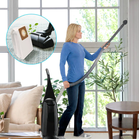 Woman using Bissell vacuum with Nine Pack Style 7 Vacuum Bags for PowerForce Uprights and PowerGlide models