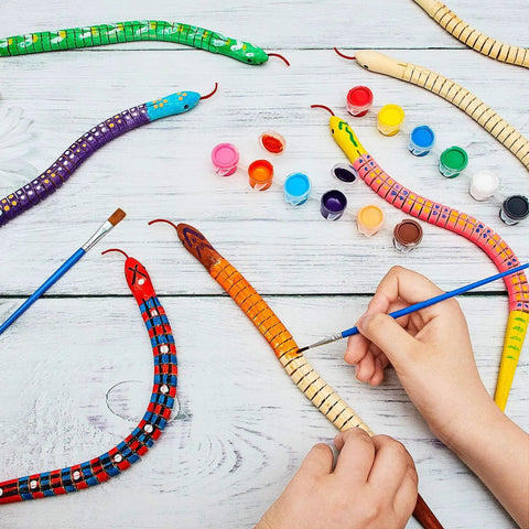 Ten Piece Unfinished Wooden Snakes Craft Kit With Jointed Wiggly Bodies, Includes 12 Color Acrylic Paints And Two Brushes