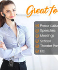 Woman wearing UHF Wireless Microphone System Kit Portable Pro Cordless Microphone Set With Headset Lavalier Beltpack Transmitter