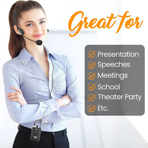 Woman wearing UHF Wireless Microphone System Kit Portable Pro Cordless Microphone Set With Headset Lavalier Beltpack Transmitter